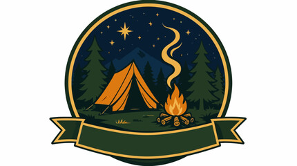 Camping badge with tent campfire and mountain forest scene. © ahmad