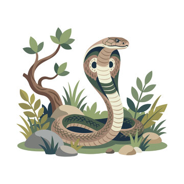 King cobra snake vector illustration, wild serpent in jungle habitat, poisonous reptile with hood and tropical leaves