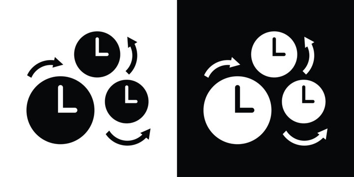 Time management and efficiency cycle icon vector set in black and white backgrounds showing clock rotation.