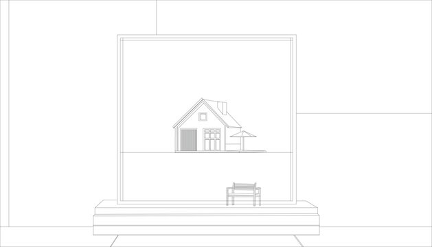 Minimalist architectural line art poster with framed house concept and bench vector.