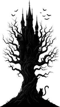 mansion, terror, &aacute;rbol, naturaleza, ilustraci&oacute;n, sucursal, vector, silueta, hojas, f&aacute;brica, arte, designio, ciclos, cofres, oto&ntilde;al, negro, bocetos, bosque, halloween, luna, dechado, boceto, noche, mor