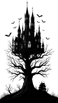mansion, terror, &aacute;rbol, naturaleza, ilustraci&oacute;n, sucursal, vector, silueta, hojas, f&aacute;brica, arte, designio, ciclos, cofres, oto&ntilde;al, negro, bocetos, bosque, halloween, luna, dechado, boceto, noche, mor