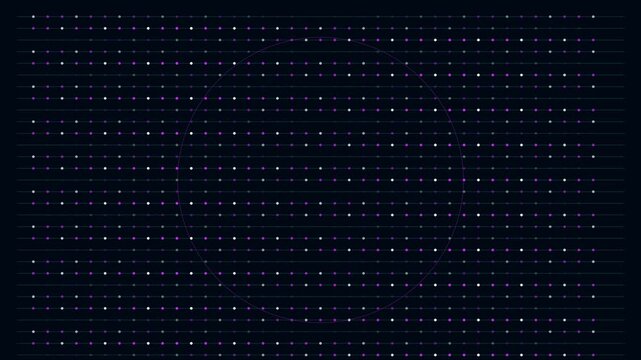 Digital data grid animation 4k background, with pulsing purple, circles and glowing, nodes for technology, and network connectivity concepts
