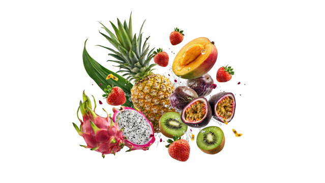 A vibrant collection of assorted tropical fruits including pineapple, dragon fruit, kiwi, passion fruit, and strawberries on black background