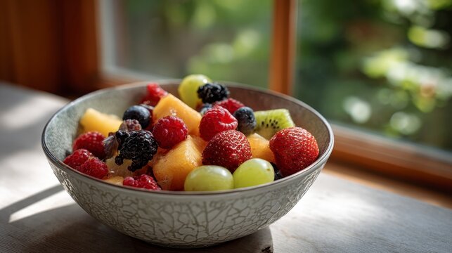 Fresh fruit salad in a ceramic bowl by window.
