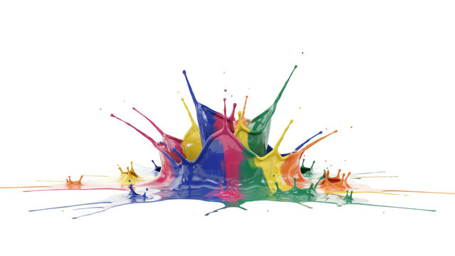 A vibrant explosion of multicolored paint splashing upwards in a crown formation with liquid streaks spreading on a solid black background