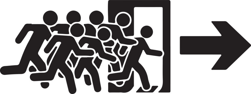Emergency evacuation exit sign icon showing people running towards door with evacuation emergency silhouette building guidance wayfinding movement direction precaution facility regulatory