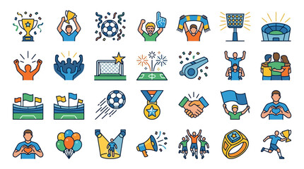 Fototapeta premium Soccer and football fan line icons set representing sports championship victory and stadium celebration