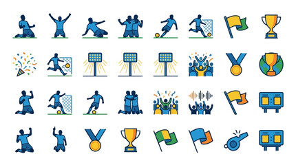 Fototapeta premium Set of Colorful Soccer Icons Featuring Players Celebrating Victories Trophies and Stadium Match Elements for Sports Design Projects