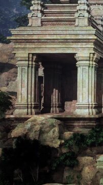 A temple stands in a rocky area, featuring tall stone columns. Green plants grow near the temple. Sunlight casts shadows on the stone. Nature surrounds the historic site.
