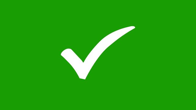 Green checkmark animation on green screen background. Tick symbol animation, success approval correct sign intro template.