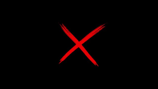 Red cross mark animation on black background, Error or cancel symbol animation. Stop or close Icon chroma key background.