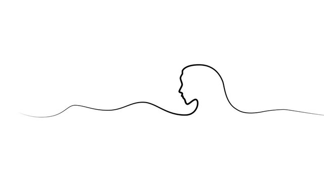 linear illustration of woman silhouette. Head of beautiful girl from black ribbon. Hair wave. Concept of beauty. Vector linear illustration isolated on the white background.