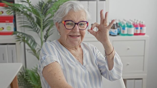 Elderly woman wearing colorful glasses and striped blouse, showing adhesive bandage on upper arm, smiling and making ok gesture while seated in a medical clinic; reassurance wellbeing.