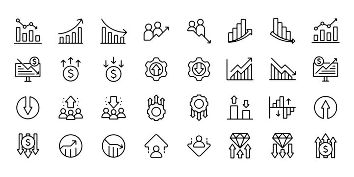 Increase and Decrease Line Icon Set Growth and Decline, Up and Down Trend Editable Stroke Vector Illustration Collection.
