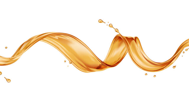 Abstract swirling wave of golden liquid or honey splashing in a dynamic spiral motion isolated on a solid dark black background