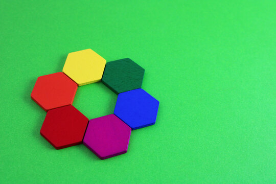 Colorful hexagons form a color wheel, primary, secondary, analogous and complementary colors