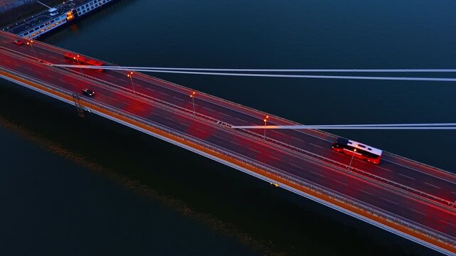 Top down view of UFO tower and highway junction. An aerial vertical perspective shows the structural observation deck beside a road cloverleaf in Bratislava.