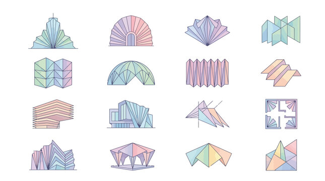 Abstract Pastel Architectural and Geometric Building Shapes Set on Isolated White Background