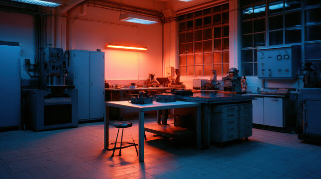 Industrial mechanics workshop with engineering equipment and precision machinery in dramatic orange and blue illuminated laboratory environment