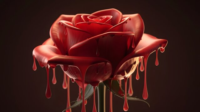 Red Rose Dripping with Glossy Liquid Paint in Dark Romantic Surreal Art Style