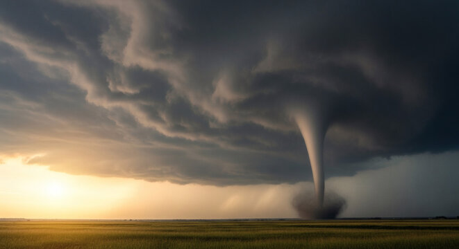 Tornado funnel cloud touching down over a vast green field during a dramatic sunset with dark stormy rain clouds