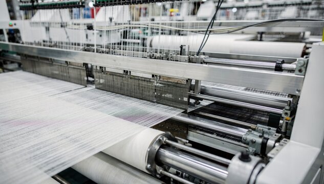 Detailed medium shot of a rapier shuttleless loom feeding delicate weft fibers across taut warp threads highlighting mechanical complexity and fabric creation process in a modern