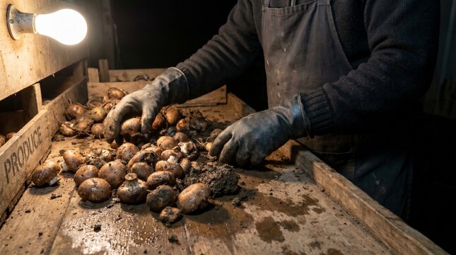 Late shift mushroom sorting with dirty root vegetables and worker hands