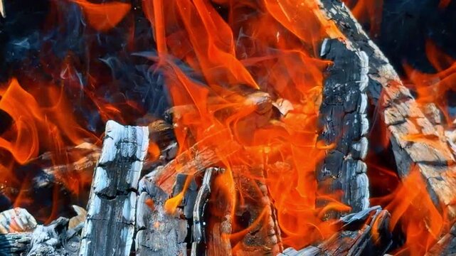 Wood logs texture burning in bright open fire. Close up of glowing amber and orange flames on firewood