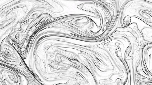 Abstract monochrome background with swirling lines of black and white liquid. Fluid ink mix creating marble patterns, waves, and organic monochrome shapes. Full frame graphic design element.