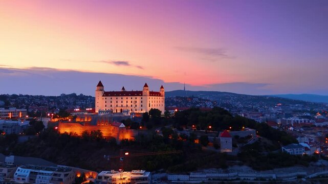 Bratislava Castle on hill at colorful sunset in Slovakia. Illuminated fortress building under vibrant purple and orange evening sky with cityscape below.