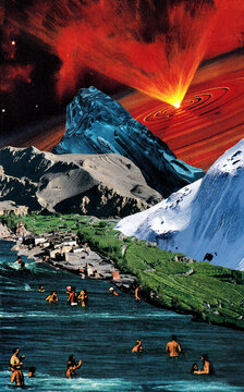 Many people are swimming in the sea behind several strangely colored mountains, with a supernova happening in the background, creating an extraordinary surreal vision of the universe