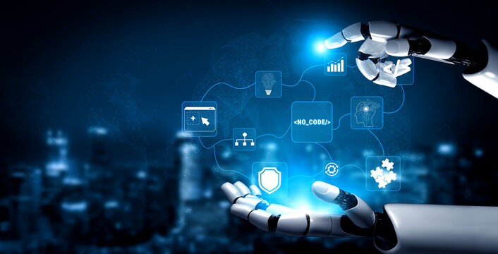 Futuristic Robot Hand Interacting with Digital Interfaces in a Modern High-Tech Environment Quark.