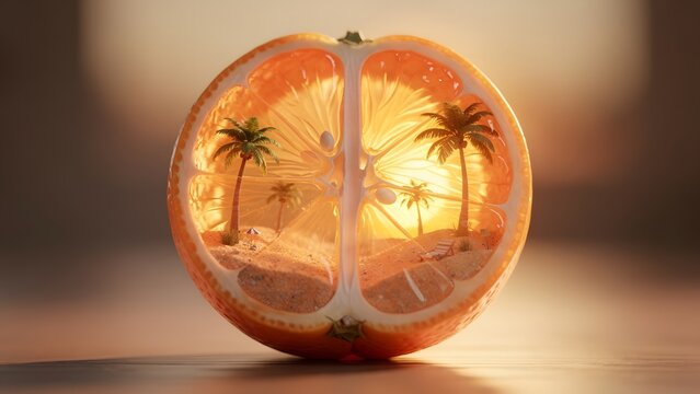 Surreal tropical escape encapsulated within a vibrant halved orange, revealing a radiant desert oasis with elegant palm trees bathed in golden sunset light, evoking warmth and summer dreams