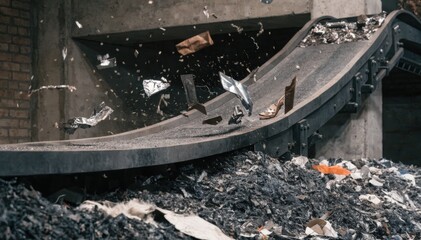 Naklejka premium Medium shot showing a magnetic conveyor belt lifting ferrous scrap metals from mixed feedstock streamlining the recycling process for clean metal recovery.