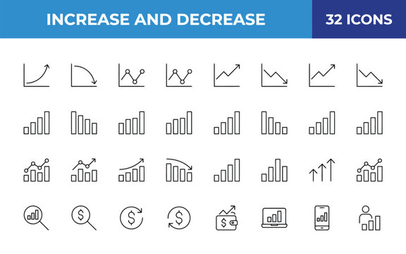 Increase and decrease line and bar chart icons set