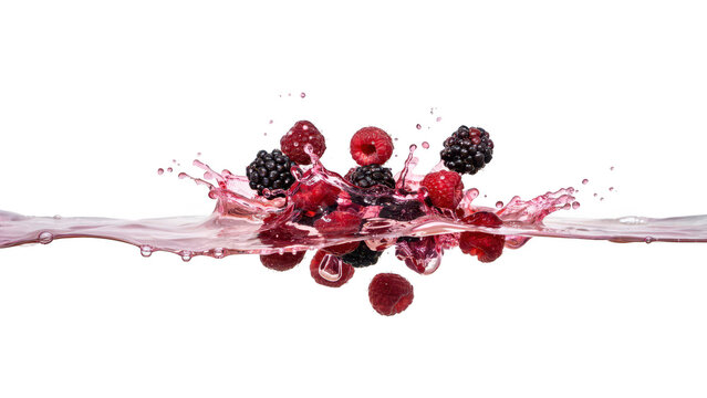 Fresh raspberries and blackberries splashing into clear water with bubbles and ripples, isolated on a black background, dynamic food liquid