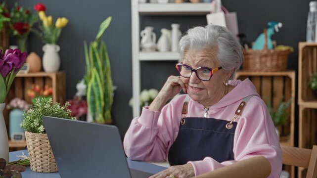 Woman florist in a flower shop wearing apron with hand on chin using laptop at counter surrounded by vases and plants; quiet contemplation.