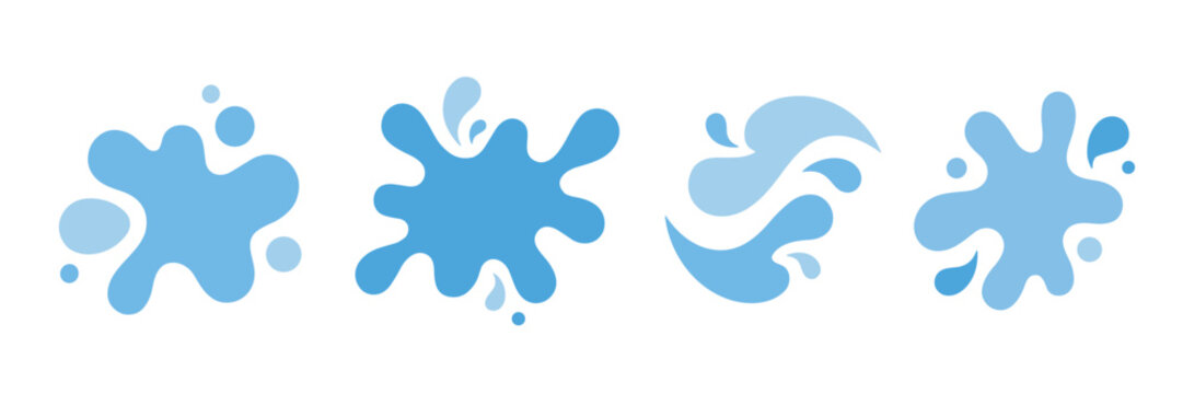 Collection of four stylized blue water splash and liquid drop graphic elements