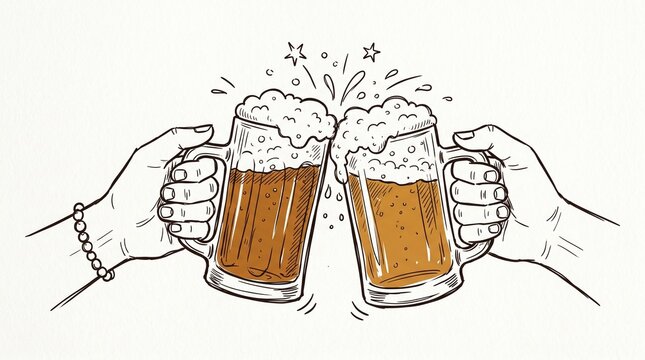 Two hands clinking glass beer mugs in a toast illustration