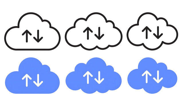 Cloud Upload Download Icons Set in Outline and Blue Solid Style on White Background