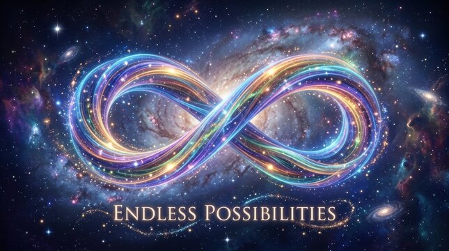 Colorful infinity ribbon galaxy design with endless possibilities text for inspirational poster background and motivational banner