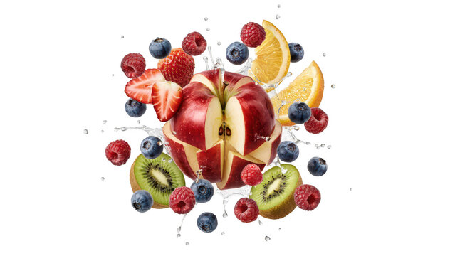Fresh sliced red apple, kiwi, orange, strawberries, raspberries, and blueberries with dynamic water splashes isolated on black background