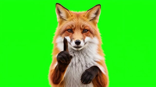 Realistic 3D fox raising index finger up while talking and explaining, important advice and top tip educational business concept isolated on chroma key green screen background