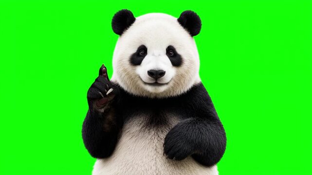 Realistic 3D panda bear raising index finger up while talking and explaining, important advice and top tip educational business concept isolated on chroma key green screen background