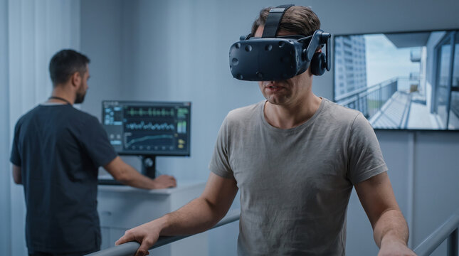 Man wearing virtual reality goggles for balance training