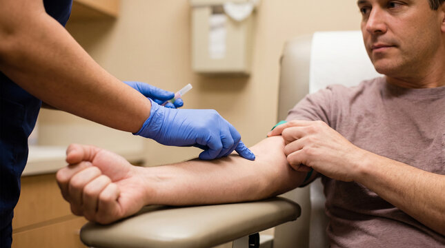 Nurse drawing blood sample from male patient arm