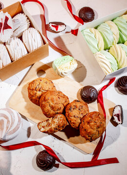 Flat Lay of Assorted Handmade Marshmallows, Chocolate Covered Sweets and Homemade Cookies