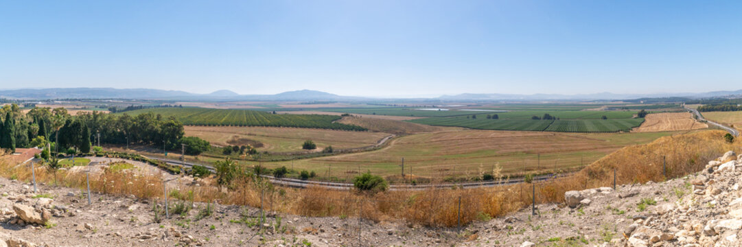 Panoramic view from Tel Megiddo Nation Park of the Jezreel Valley in northern Israel.
