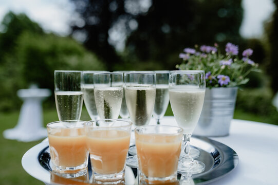 Tray of sparkling wine and welcome drinks in a garden